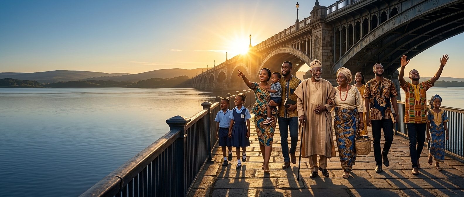AI-generated illustrative scene of a community walking together across a bridge at sunset.